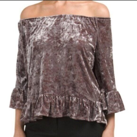 Neiman Marcus Sanctuary Crushed Off Shoulder Velvet Top Julia Ruffle Mink M NWT - Picture 1 of 11
